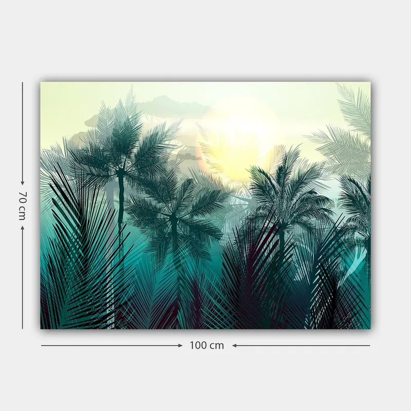 Lerretsbilde 70x100 cm - Tropisk landskap med palmer og en soloppgang i bakgrunnen - Turkis / Grønn / Gul - Innredning - Bilder & kunst - Lerretsbilder