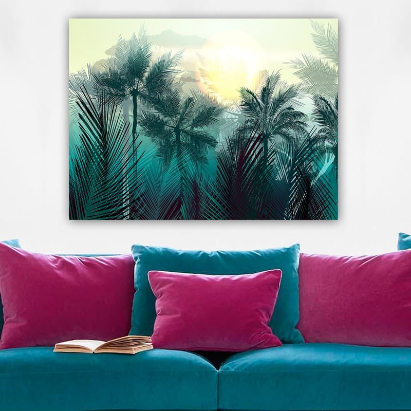 Lerretsbilde 70x100 cm - Tropisk landskap med palmer og en soloppgang i bakgrunnen - Turkis / Grønn / Gul - Innredning - Bilder & kunst - Lerretsbilder