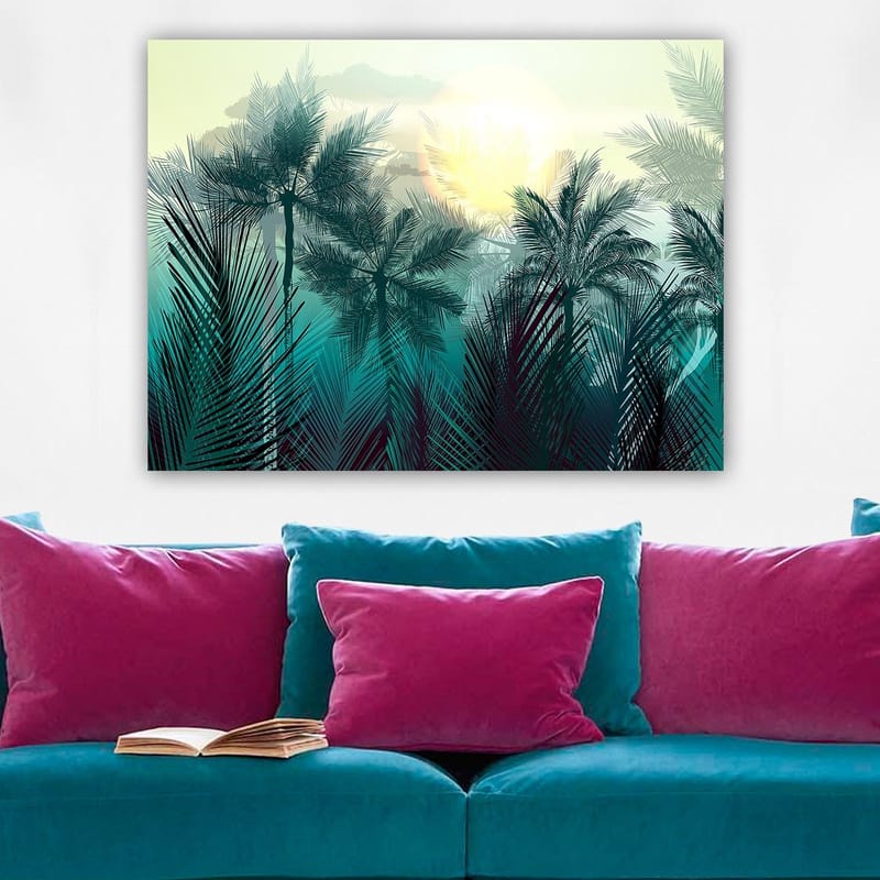 Lerretsbilde 70x100 cm - Tropisk landskap med palmer og en soloppgang i bakgrunnen - Turkis / Grønn / Gul - Innredning - Bilder & kunst - Lerretsbilder