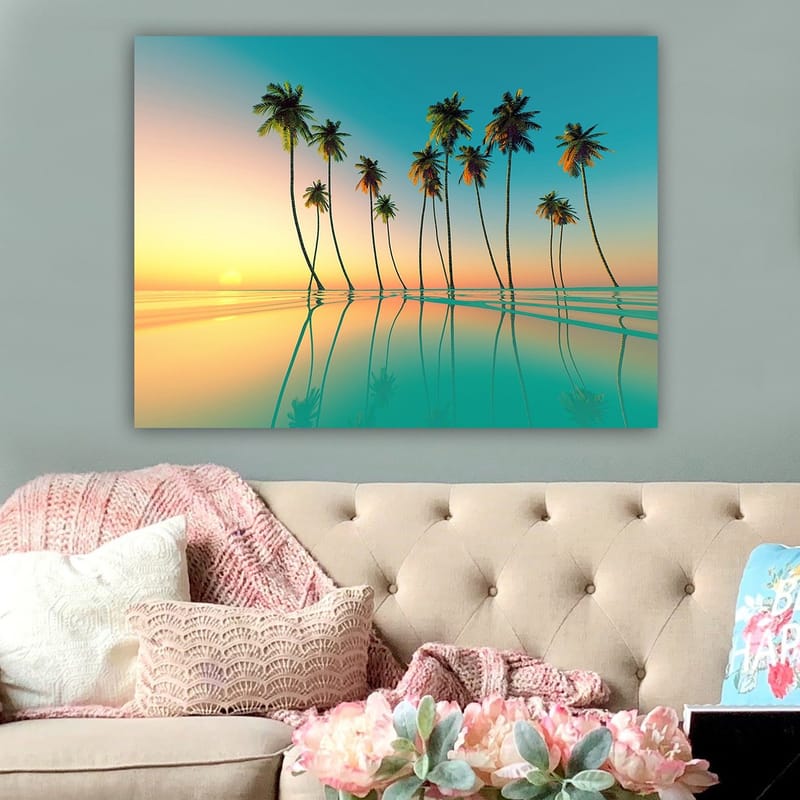 Lerretsbilde 70x100 cm - Tropisk solnedgang med palmer speilet i stille vann - Turkis / Oransje / Grønn - Innredning - Bilder & kunst - Lerretsbilder