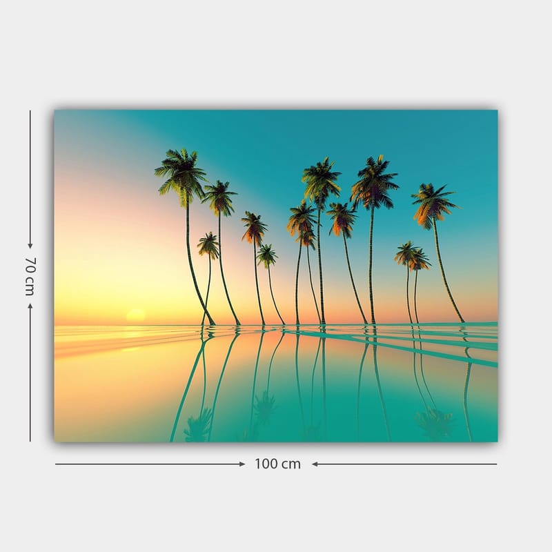 Lerretsbilde 70x100 cm - Tropisk solnedgang med palmer speilet i stille vann - Turkis / Oransje / Grønn - Innredning - Bilder & kunst - Lerretsbilder