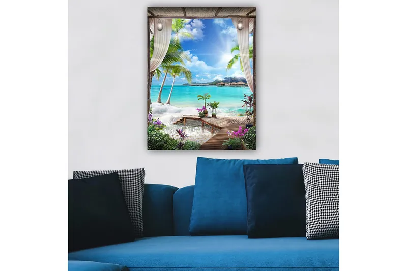 Lerretsbilde 70x100 cm - Tropisk strandutsikt med palmer, klart vann og blomster i et avslappende miljø, Turkis / Grønn / Lilla