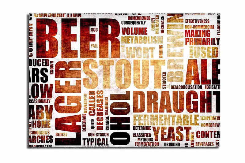 Lerretsbilde 70x100 cm - Typografisk komposisjon med fokus på ulike typer øl og bryggebegreper, Mørk brun / Beige / Svart