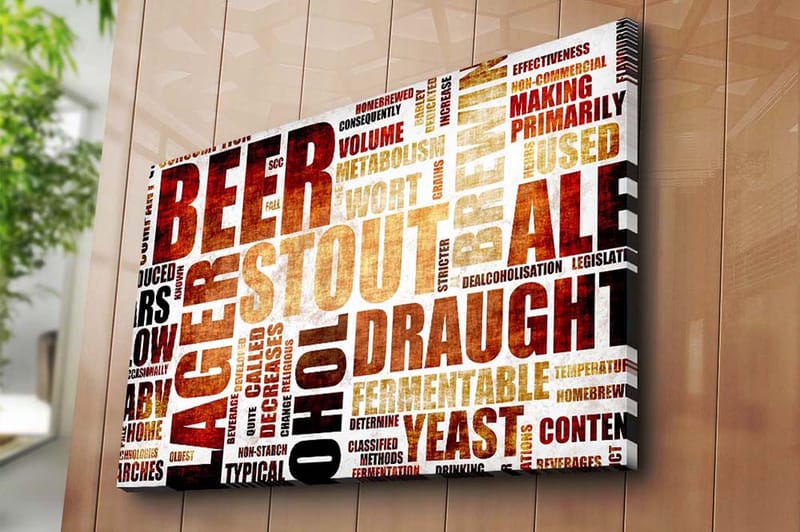 Lerretsbilde 70x100 cm - Typografisk komposisjon med fokus på ulike typer øl og bryggebegreper - Mørk brun / Beige / Svart - Innredning - Bilder & kunst - Lerretsbilder