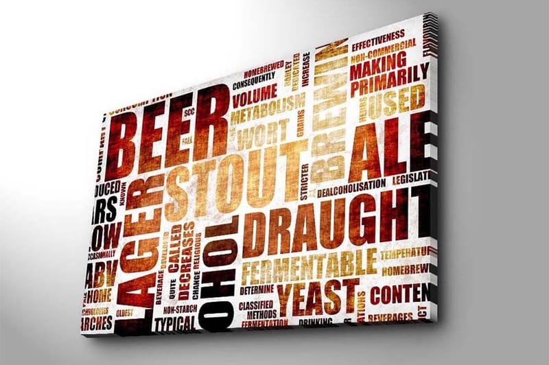 Lerretsbilde 70x100 cm - Typografisk komposisjon med fokus på ulike typer øl og bryggebegreper - Mørk brun / Beige / Svart - Innredning - Bilder & kunst - Lerretsbilder