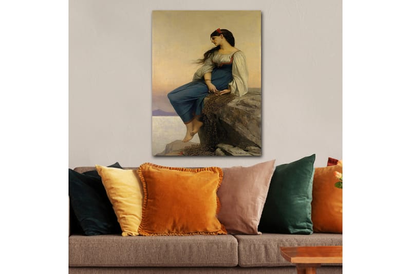 Lerretsbilde 70x100 cm - Ung kvinne sitter på en klippe med et tankefullt blikk, iført en blå kjole med hvite ermer - Blå / Hvit / Rød - Innredning - Bilder & kunst - Lerretsbilder