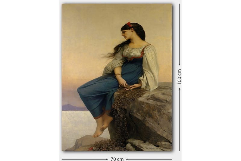 Lerretsbilde 70x100 cm - Ung kvinne sitter på en klippe med et tankefullt blikk, iført en blå kjole med hvite ermer - Blå / Hvit / Rød - Innredning - Bilder & kunst - Lerretsbilder