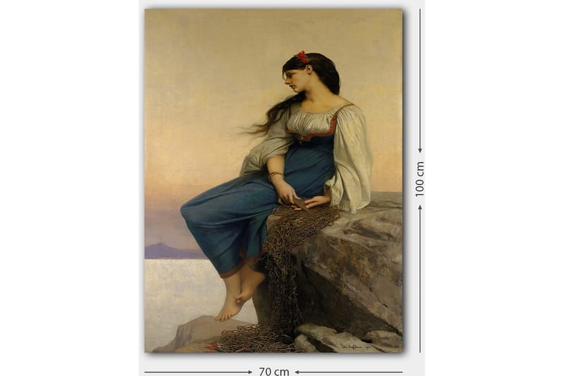 Lerretsbilde 70x100 cm - Ung kvinne sitter på en klippe med et tankefullt blikk, iført en blå kjole med hvite ermer - Blå / Hvit / Rød - Innredning - Bilder & kunst - Lerretsbilder