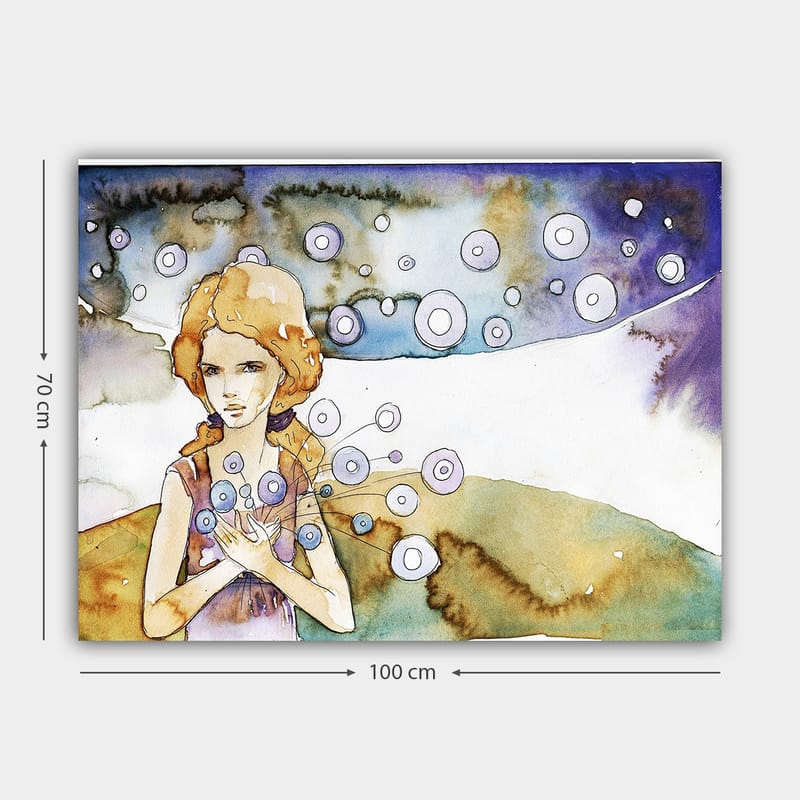 Lerretsbilde 70x100 cm - Ung kvinne som holder en bukett med sirkulære blomster i et drømmeaktig landskap - Lys blå / Beige / Lilla - Innredning - Bilder & kunst - Lerretsbilder