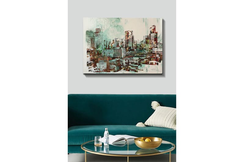 Lerretsbilde 70x100 cm - Urbant bybilde med høye bygninger og travle gater - Grønn / Brun / Hvit - Innredning - Bilder & kunst - Lerretsbilder