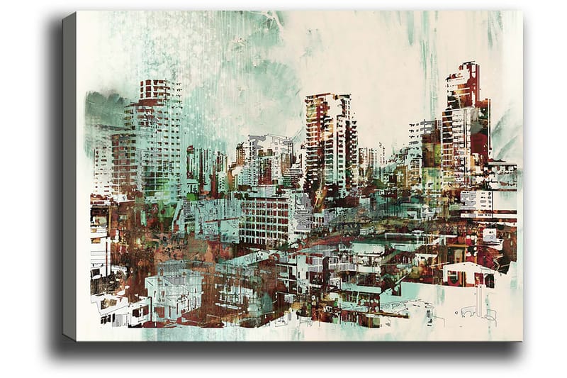 Lerretsbilde 70x100 cm - Urbant bybilde med høye bygninger og travle gater - Grønn / Brun / Hvit - Innredning - Bilder & kunst - Lerretsbilder