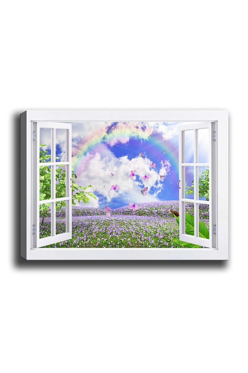 Lerretsbilde 70x100 cm - Utsikt fra åpent vindu med en blomstrende eng, sommerfugler og en regnbue under en blå himmel, Lilla / Grønn / Blå