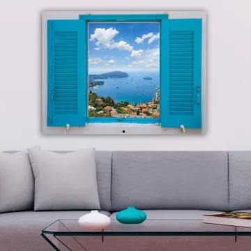 Lerretsbilde 70x100 cm - Utsikt gjennom et åpent vindu med hav og himmel i fokus - Blå / Grønn / Hvit - Innredning - Bilder & kunst - Lerretsbilder