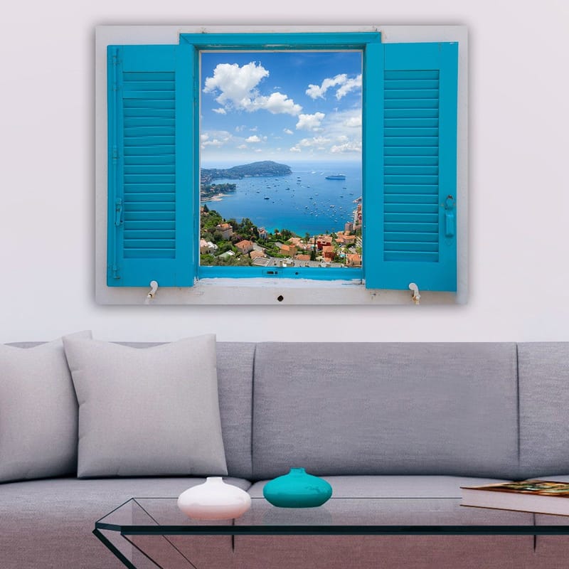 Lerretsbilde 70x100 cm - Utsikt gjennom et åpent vindu med hav og himmel i fokus - Blå / Grønn / Hvit - Innredning - Bilder & kunst - Lerretsbilder