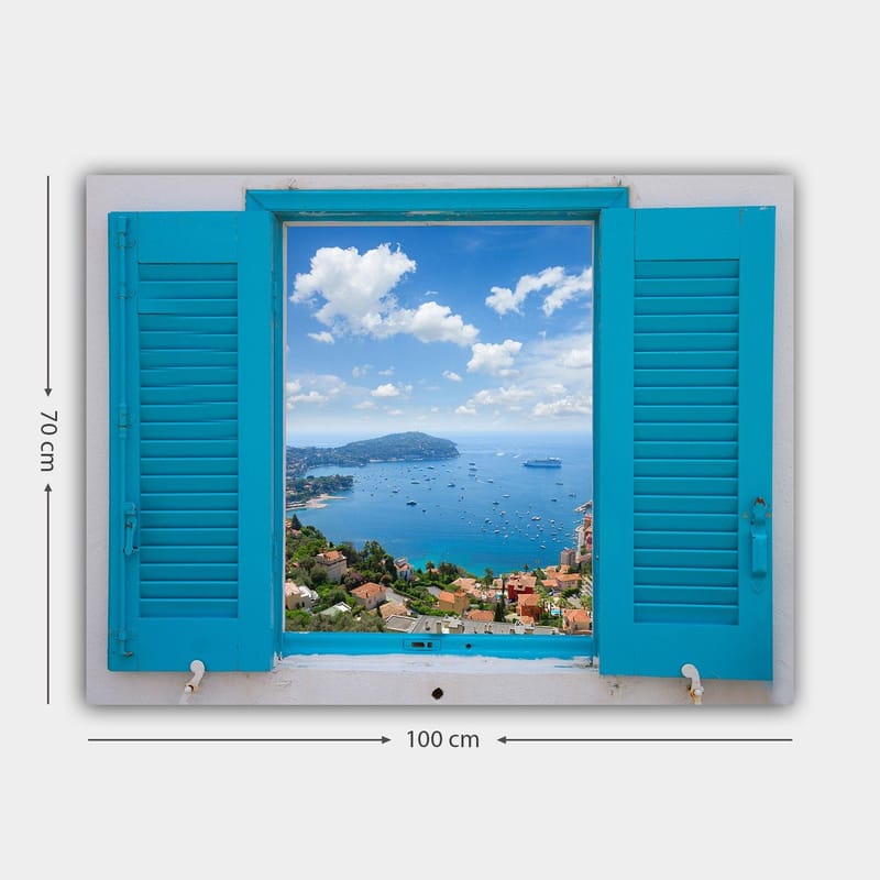 Lerretsbilde 70x100 cm - Utsikt gjennom et åpent vindu med hav og himmel i fokus - Blå / Grønn / Hvit - Innredning - Bilder & kunst - Lerretsbilder