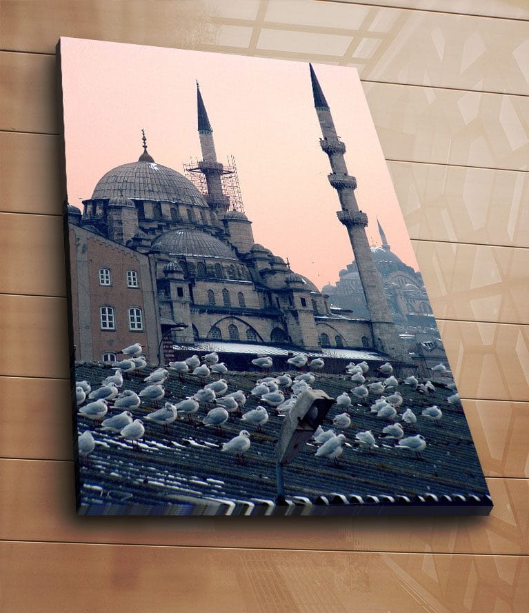 Lerretsbilde 70x100 cm - Utsikt over en historisk moské med fugler som sitter på taket - Grå / Blå / Beige - Innredning - Bilder & kunst - Lerretsbilder