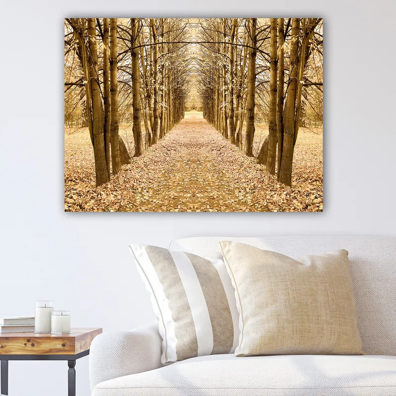 Lerretsbilde 70x100 cm - Vakker allé med trær i høstfarger som fører mot et fjerntliggende punkt - Gull / Brun / Beige - Innredning - Bilder & kunst - Lerretsbilder