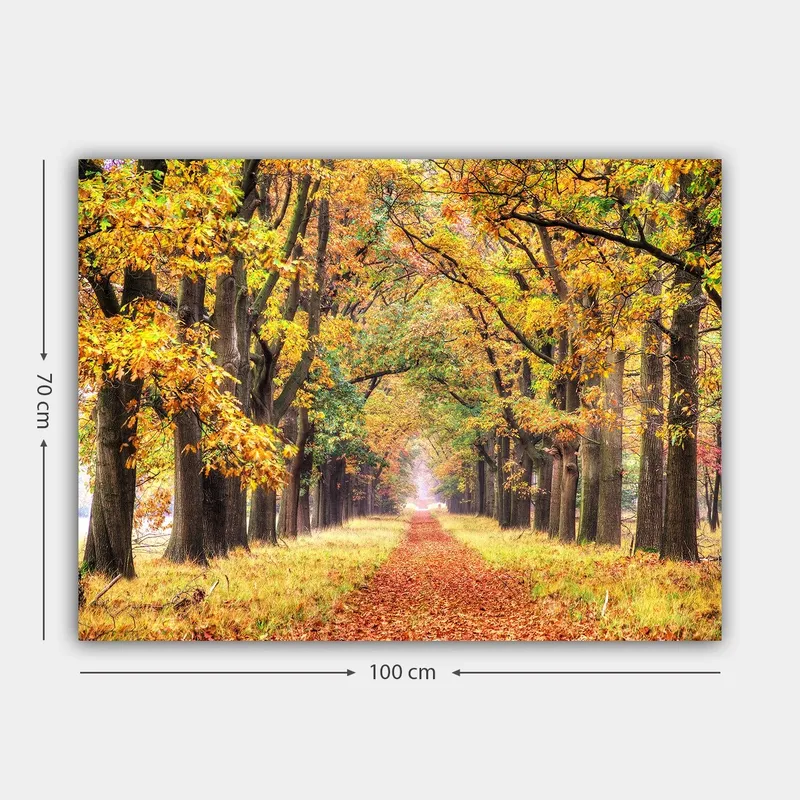 Lerretsbilde 70x100 cm - Vakker allé omgitt av høstfargede trær som fører mot en lysere horisont - Gyllenoransje / Grønn / Brun - Innredning - Bilder & kunst - Lerretsbilder