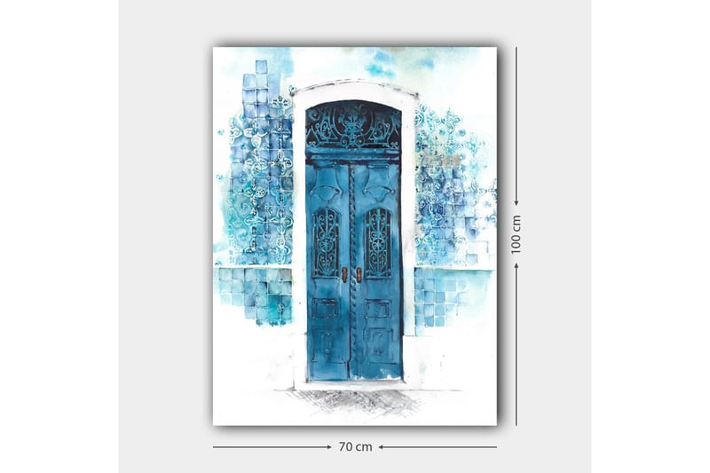 Lerretsbilde 70x100 cm - Vakker blå dør omgitt av myke nyanser av blått og hvitt - Blå / Lyseblå / Hvit - Innredning - Bilder & kunst - Lerretsbilder