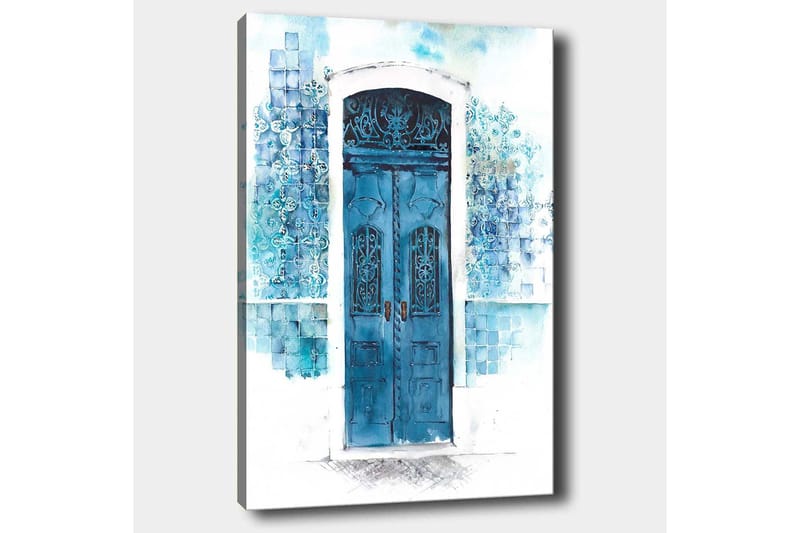 Lerretsbilde 70x100 cm - Vakker blå dør omgitt av myke nyanser av blått og hvitt - Blå / Lyseblå / Hvit - Innredning - Bilder & kunst - Lerretsbilder