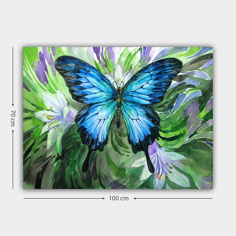 Lerretsbilde 70x100 cm - Vakker blå sommerfugl som svever over grønne og lilla planter - Blå / Grønn / Lilla - Innredning - Bilder & kunst - Lerretsbilder