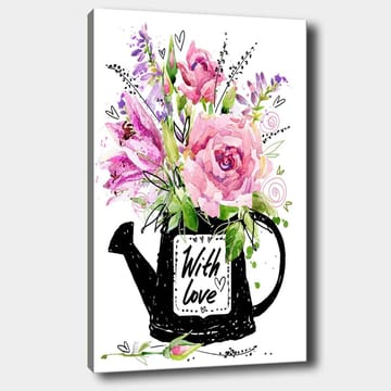 Lerretsbilde 70x100 cm - Vakker blomsterbukett i en svart vannkanne med teksten With love - Rosa / Grønn / Lilla - Innredning - Bilder & kunst - Lerretsbilder
