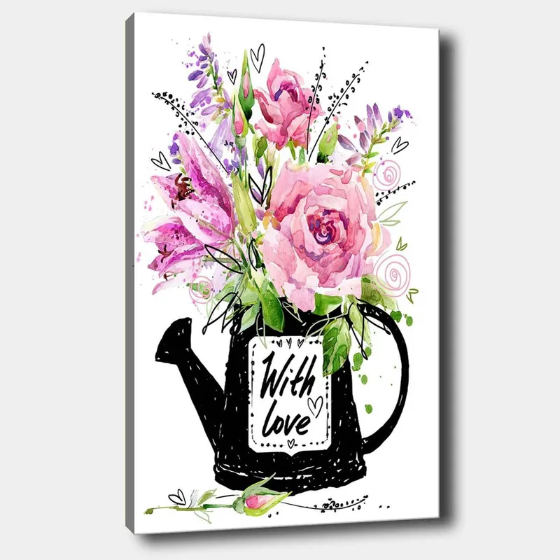 Lerretsbilde 70x100 cm - Vakker blomsterbukett i en svart vannkanne med teksten With love, Rosa / Grønn / Lilla