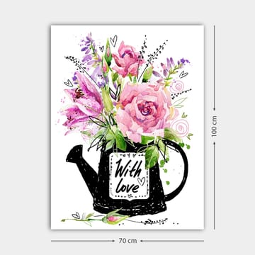 Lerretsbilde 70x100 cm - Vakker blomsterbukett i en svart vannkanne med teksten With love - Rosa / Grønn / Lilla - Innredning - Bilder & kunst - Lerretsbilder