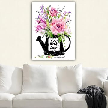 Lerretsbilde 70x100 cm - Vakker blomsterbukett i en svart vannkanne med teksten With love - Rosa / Grønn / Lilla - Innredning - Bilder & kunst - Lerretsbilder