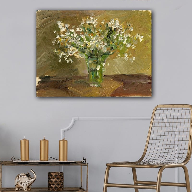 Lerretsbilde 70x100 cm - Vakker blomsterbukett i glassvase - Hvit / Grønn / Brun - Innredning - Bilder & kunst - Lerretsbilder