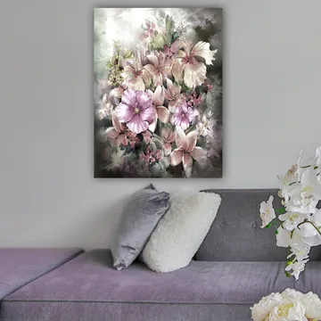 Lerretsbilde 70x100 cm - Vakker blomsterbukett i myke pastellfarger - Lilla / Rosa / Grønn - Innredning - Bilder & kunst - Lerretsbilder
