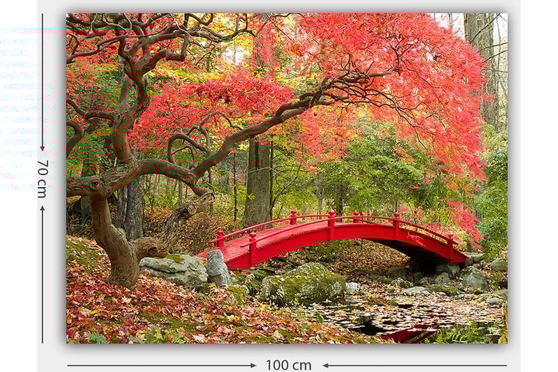 Lerretsbilde 70x100 cm - Vakker bro i rødt omgitt av høstfargede trær og blader - Rød / Grønn / Brun - Innredning - Bilder & kunst - Lerretsbilder