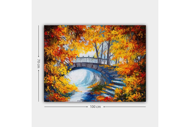 Lerretsbilde 70x100 cm - Vakker bro omgitt av høstfargede trær og blader - Oransje / Gul / Blå - Innredning - Bilder & kunst - Lerretsbilder