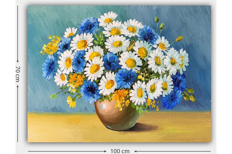 Lerretsbilde 70x100 cm - Vakker bukett med blå og hvite blomster i en brun vase - Blå / Hvit / Gul - Innredning - Bilder & kunst - Lerretsbilder