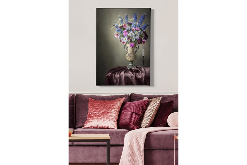 Lerretsbilde 70x100 cm - Vakker bukett med fargerike blomster i en elegant vase - Lilla / Rosa / Blå - Innredning - Bilder & kunst - Lerretsbilder