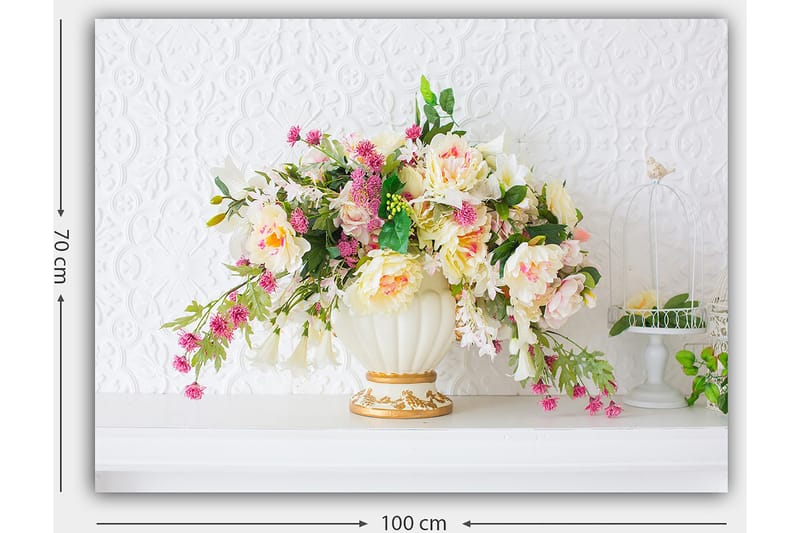 Lerretsbilde 70x100 cm - Vakker bukett med fargerike blomster i en elegant vase - Rosa / Grønn / Krem - Innredning - Bilder & kunst - Lerretsbilder