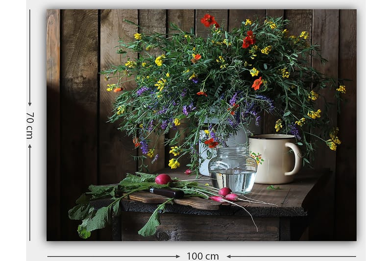 Lerretsbilde 70x100 cm - Vakker bukett med fargerike blomster i en glassvase på et trebord - Grønn / Gul / Rød - Innredning - Bilder & kunst - Lerretsbilder