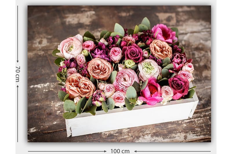 Lerretsbilde 70x100 cm - Vakker bukett med fargerike blomster i en hvit eske - Rosa / Lilla / Grønn - Innredning - Bilder & kunst - Lerretsbilder