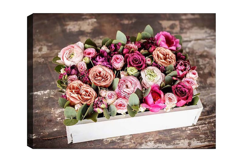 Lerretsbilde 70x100 cm - Vakker bukett med fargerike blomster i en hvit eske, Rosa / Lilla / Grønn