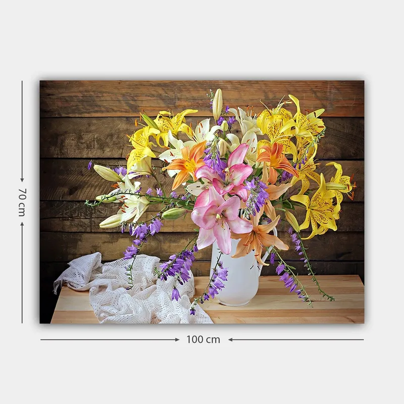 Lerretsbilde 70x100 cm - Vakker bukett med fargerike blomster i en hvit vase - Gul / Rosa / Lilla - Innredning - Bilder & kunst - Lerretsbilder