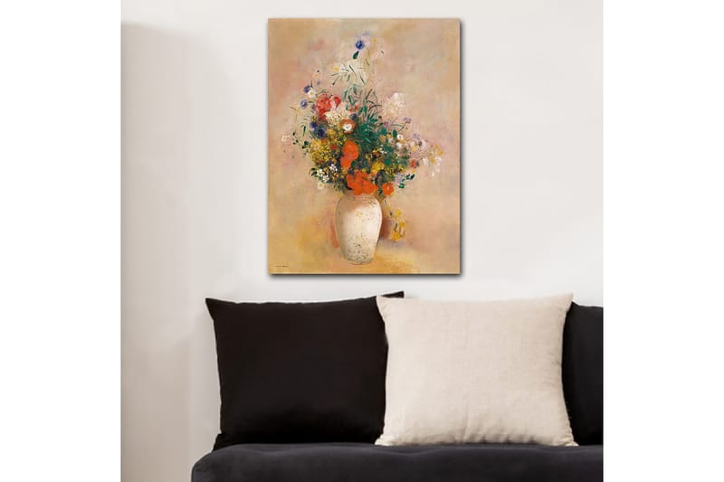 Lerretsbilde 70x100 cm - Vakker bukett med fargerike blomster i en hvit vase - Rød / Grønn / Gul - Innredning - Bilder & kunst - Lerretsbilder