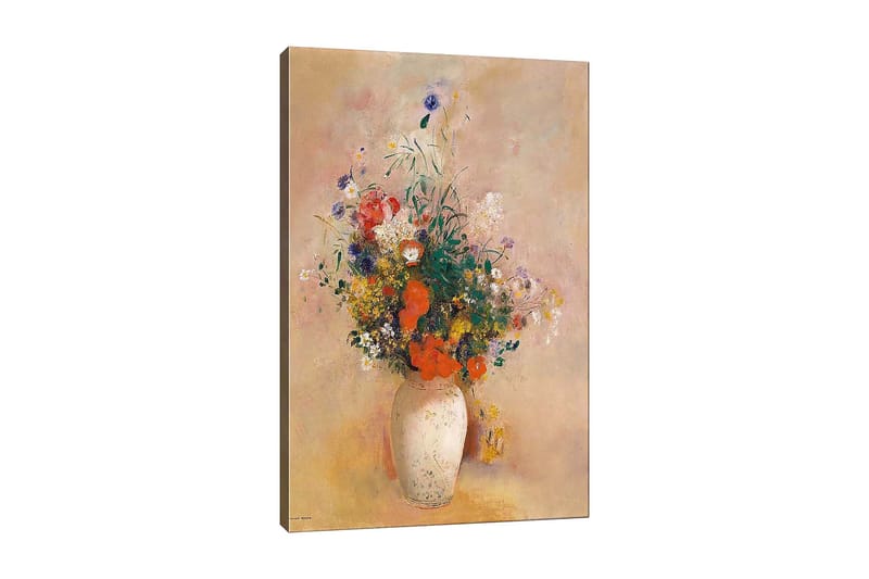 Lerretsbilde 70x100 cm - Vakker bukett med fargerike blomster i en hvit vase, Rød / Grønn / Gul