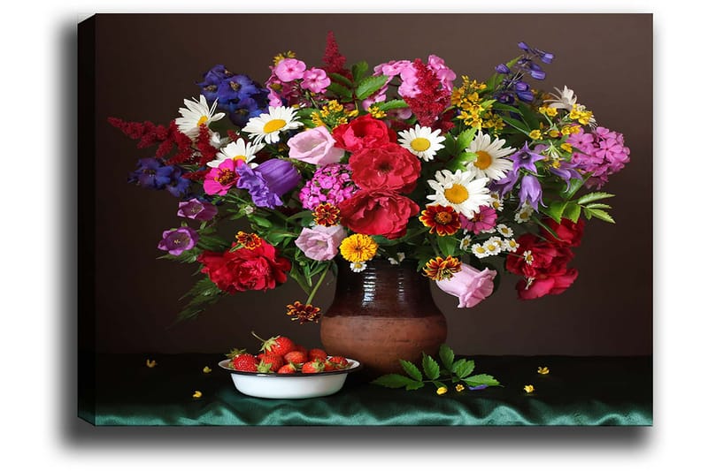 Lerretsbilde 70x100 cm - Vakker bukett med fargerike blomster i en keramisk vase - Rød / Lilla / Grønn - Innredning - Bilder & kunst - Lerretsbilder