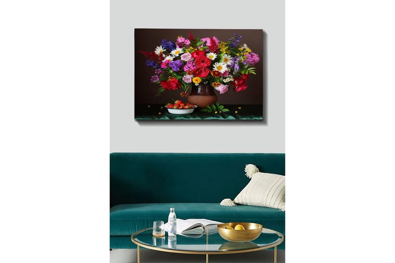 Lerretsbilde 70x100 cm - Vakker bukett med fargerike blomster i en keramisk vase - Rød / Lilla / Grønn - Innredning - Bilder & kunst - Lerretsbilder