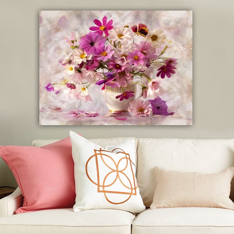 Lerretsbilde 70x100 cm - Vakker bukett med fargerike blomster i en vase - Rosa / Lilla / Hvit - Innredning - Bilder & kunst - Lerretsbilder