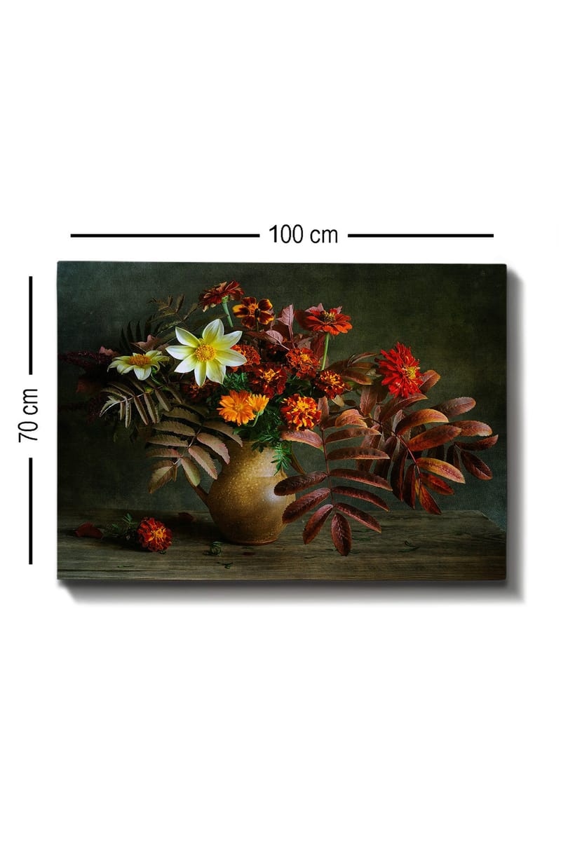 Lerretsbilde 70x100 cm - Vakker bukett med fargerike blomster og blader i en keramisk vase - Hvit / Oransje / Rød - Innredning - Bilder & kunst - Lerretsbilder