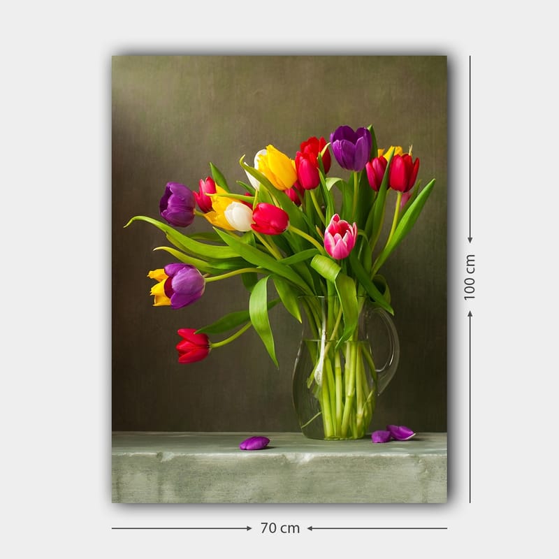 Lerretsbilde 70x100 cm - Vakker bukett med fargerike tulipaner i en glassvase - Lilla / Rød / Gul - Innredning - Bilder & kunst - Lerretsbilder