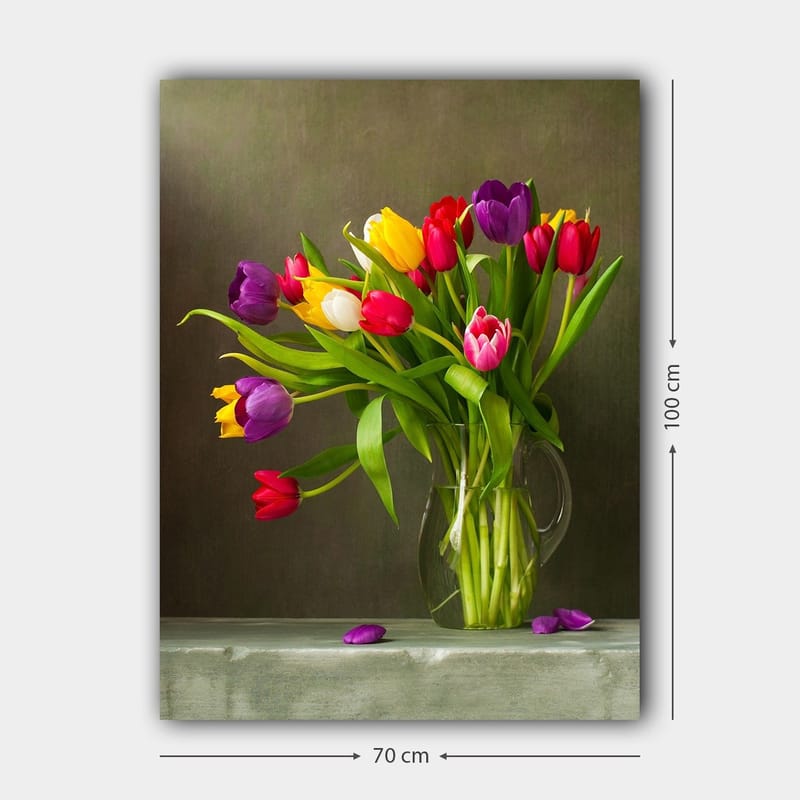 Lerretsbilde 70x100 cm - Vakker bukett med fargerike tulipaner i en glassvase - Lilla / Rød / Gul - Innredning - Bilder & kunst - Lerretsbilder