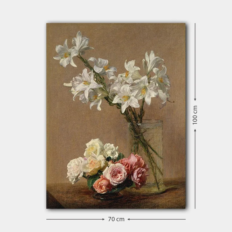 Lerretsbilde 70x100 cm - Vakker bukett med hvite liljer og roser i forskjellige nyanser i en glassvase - Hvit / Rosa / Grønn - Innredning - Bilder & kunst - Lerretsbilder