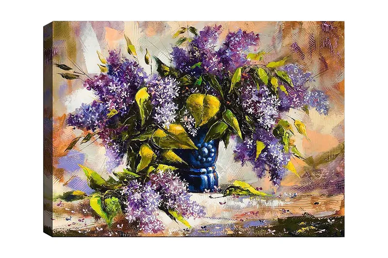 Lerretsbilde 70x100 cm - Vakker bukett med lilla blomster i en blå vase - Lilla / Grønn / Blå - Innredning - Bilder & kunst - Lerretsbilder